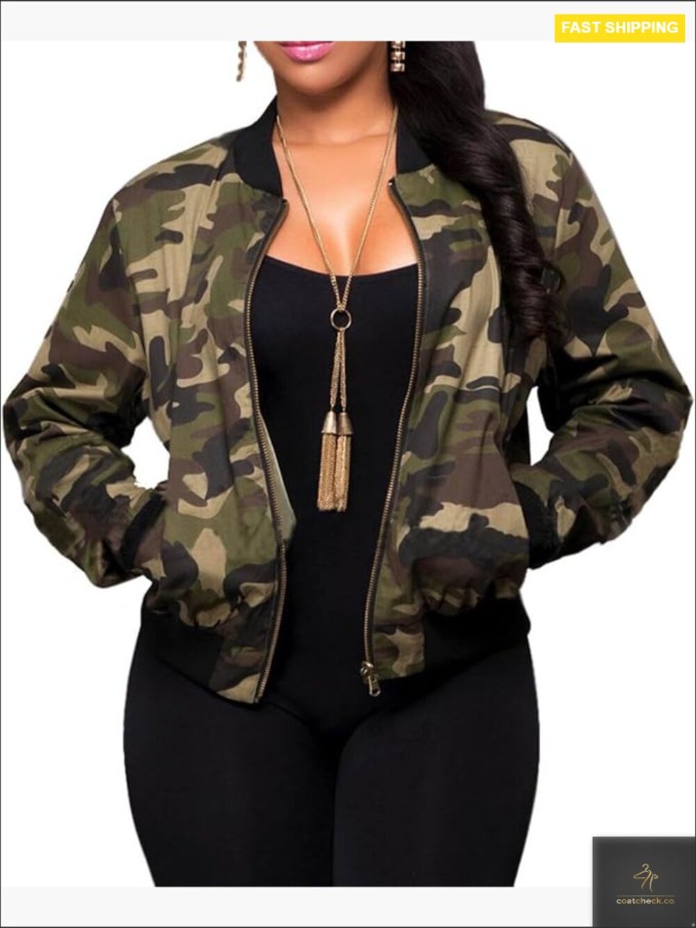 Women's Camo Jacket Long Sleeve Zipper Down Army Fatigue Bomber Coat Cargo
